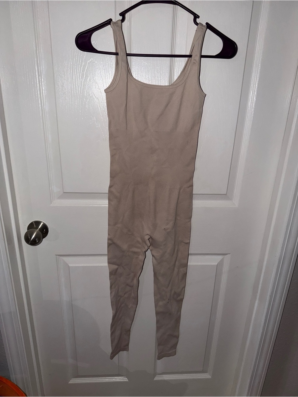 Beige Scoop-Neck Ribbed Jumpsuit